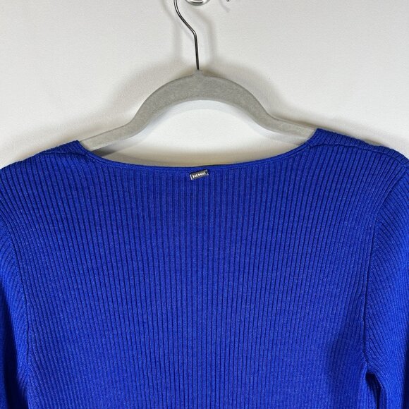 St. John Cobalt Blue Ribbed Knit Sweater Womens Sz M Designer Wool Silk Cashmere - Picture 8 of 10